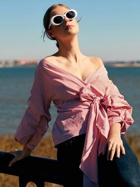 Zara Red and White Striped Off-Shoulder Tie-Front Blouse